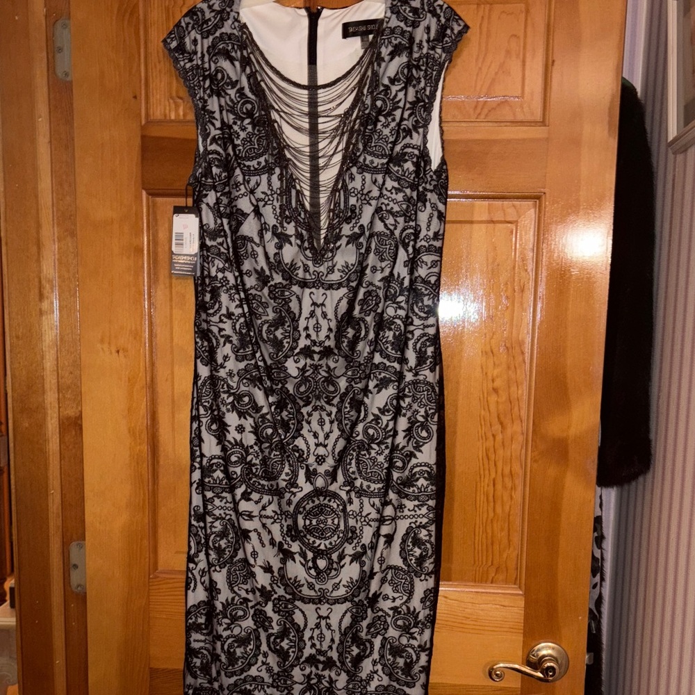 Tadashi Shoji Black and White Patterned Midi Dress